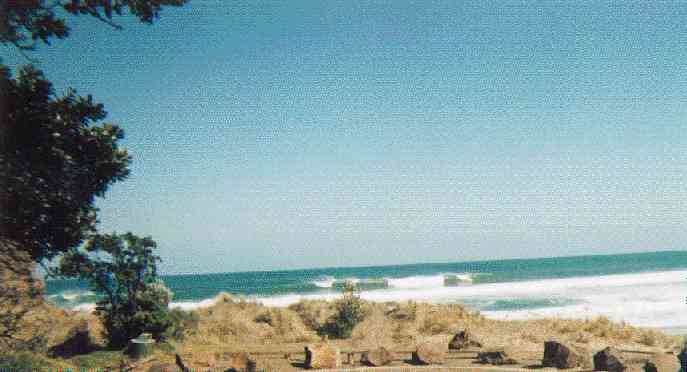 Sand dune and tube at South Piha, taken from the deck.  The waves get big and you can surf right across the bay. 22kb